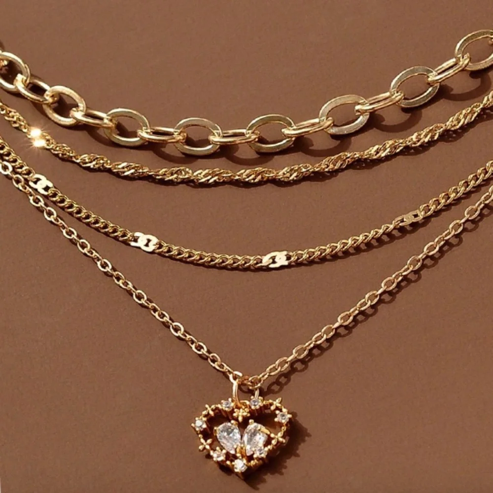 Heart Charm Layered Necklace Copper Jewelry - Zirconia Stones - One hook for all - Picture 1 of 6
